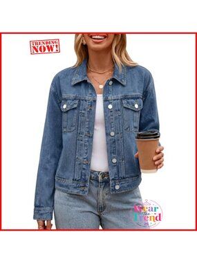 Womens Denim Jacket Button Down Long Sleeve Cotton Blend Trucker Jean Coat